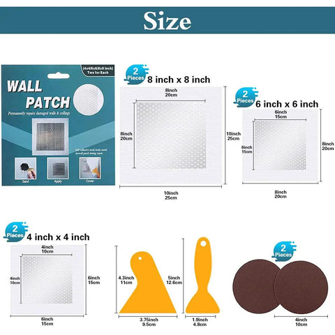 All In One Wall Repair Patch Kit With Self Adhesive Aluminum Mesh For Holes In Walls And Ceilings showing patches and tools