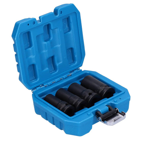 Heavy Duty Locking Wheel Nut Removal Sockets Kit For Car With Protective Inserts To Strip Stuck Lug Bolts Easily Using Durable Thin-Walled Aluminum Alloy Impact Tools To Fix Tires Fast And Save Your Rims From Damage, blue case open