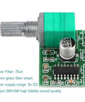 Top view of Ultra Compact Mini 3W Plus 3W DC 5V Audio Amplifier Module with Potentiometer and circuit details visible.