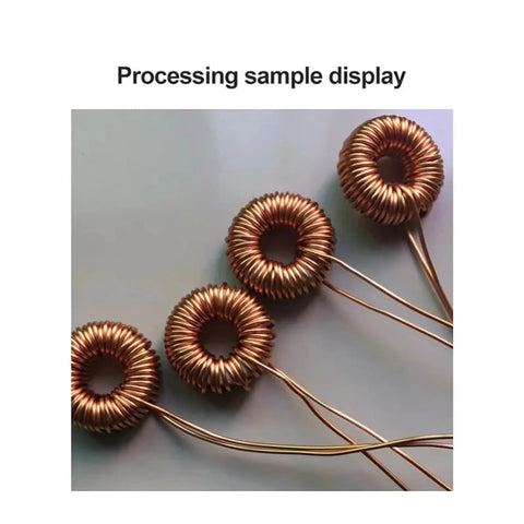 Processing sample of toroidal transformers wrapped with copper wire, demonstrating Heavy Duty Belt Type Ring Winder for Toroidal Transformers and Inductance Coils.