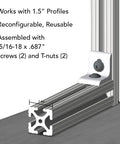 Rock Solid Aluminum Inside Corner Bracket For T Slot Extrusion 90 Degree Angled Connector with 1.5" profiles and assembly details.