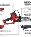 M18 FUEL 8 Inch Pruning Saw Kit With POWERSTATE Brushless Motor, diagram showing features like lanyard loop and scabbard