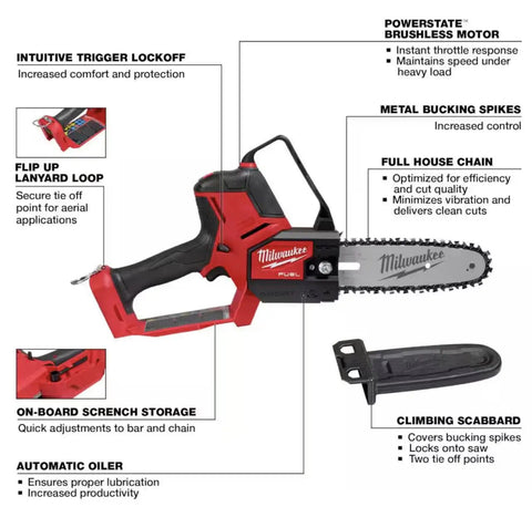 M18 FUEL 8 Inch Pruning Saw Kit With POWERSTATE Brushless Motor, diagram showing features like lanyard loop and scabbard