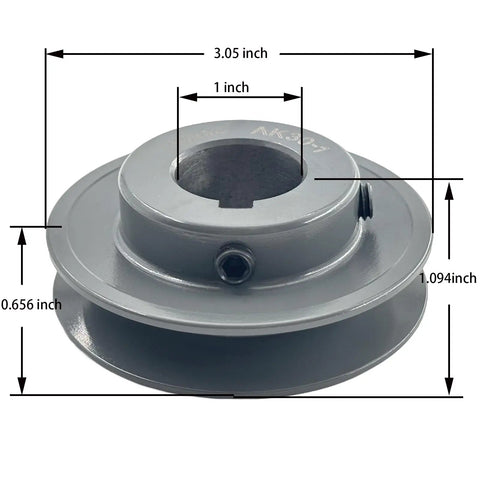 Cast Iron V Belt Pulley With One Groove, 1 Inch Bore And 3.05 Inch OD, Motor Pulley For A 3L And 4L V Belts, Includes Quarter By Eighth Keyseat, AK301 Style Pulley with dimensions shown
