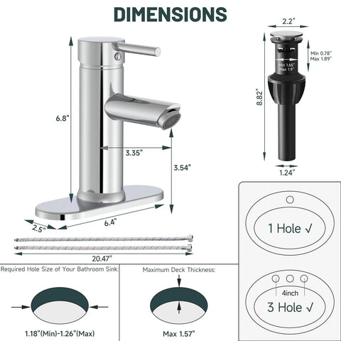 Dimensions of Chrome Single Handle Bathroom Sink Faucet With Pop Up Drain And Overflow Included Durable Brass Construction