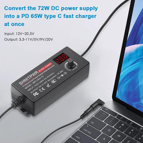 Universal 72W Power Supply With Adjustable 3V To 24V DC Output And 3A Cable next to a laptop with LCD display showing voltage.