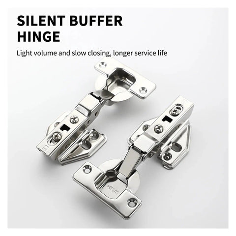 Silent Buffer Hinge showing two polished metal hinges for cabinet doors, designed for quiet closing with longer service life.