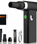 Powerful Cordless Air Duster With 110000 RPM Brushless Motor displayed with accessories, USB-C cable, and storage bag.