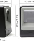 Handsfree Omnidirectional Desktop Barcode Scanner with USB cable for 1D 2D and QR codes showing front and side dimensions