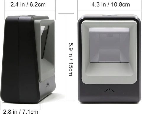 Handsfree Omnidirectional Desktop Barcode Scanner with USB cable for 1D 2D and QR codes showing front and side dimensions