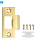 2-3/4 Inch Stainless Steel Gold Door Strike Plate Set, 2 Pack With Screws, showing T Strike Backplate and screws for security reinforcement