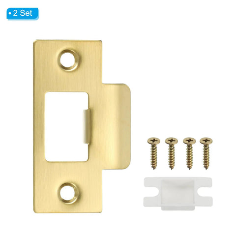 2-3/4 Inch Stainless Steel Gold Door Strike Plate Set, 2 Pack With Screws, showing T Strike Backplate and screws for security reinforcement
