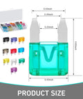 Top Shelf Automotive Mini Blade Fuses Assortment 120 Pieces Features 2A To 35A Ratings showing sizes and colors of fuses.