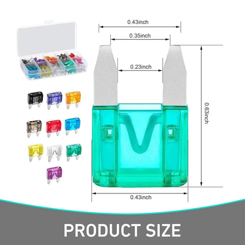 Top Shelf Automotive Mini Blade Fuses Assortment 120 Pieces Features 2A To 35A Ratings showing sizes and colors of fuses.