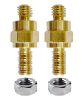 Rock Solid Brass Side Post Battery Terminal Bolt Extender Stud Compatible With Gm Batteries No Hassle Straight Swap For Wire Connections Built Tough Pack Of Two showing two brass terminal extenders and nuts.