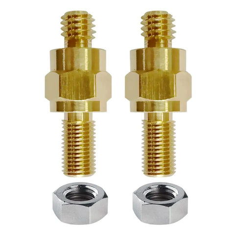 Rock Solid Brass Side Post Battery Terminal Bolt Extender Stud Compatible With Gm Batteries No Hassle Straight Swap For Wire Connections Built Tough Pack Of Two showing two brass terminal extenders and nuts.