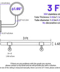 Heavy Duty 3 Ft Industrial Metal Handrail Kit Featuring Solid 304 Stainless Steel Wall Mount Grab Bar diagram with dimensions.