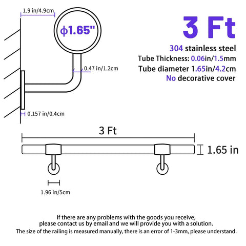 Heavy Duty 3 Ft Industrial Metal Handrail Kit Featuring Solid 304 Stainless Steel Wall Mount Grab Bar diagram with dimensions.