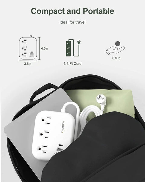 Six Foot European Travel Power Strip With Three US Outlets And Three USB Ports, US To Europe Plug Adapter, in backpack