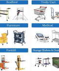 Image showcasing various items on caster wheels including scaffolds, trolly carts, furniture, medical beds, forklifts, and storage shelves.