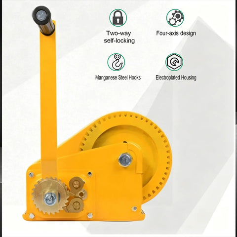 Heavy Duty Hand Crank Winch Featuring Dual Ratchet Brake And Precision Bearing Drivetrain with two-way self-locking design.
