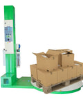 Heavy Duty Turntable Pallet Stretch Wrapper Equipped With Powered Pre Stretch Motor And Dual Spiral Wrapping Modes with packed boxes on pallet.