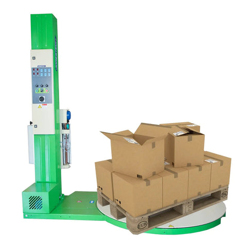 Heavy Duty Turntable Pallet Stretch Wrapper Equipped With Powered Pre Stretch Motor And Dual Spiral Wrapping Modes with packed boxes on pallet.