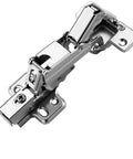 Large Angle Hydraulic Soft Close Door Hinge 165 Degree for cabinets, shown in stainless steel with mounting plate.