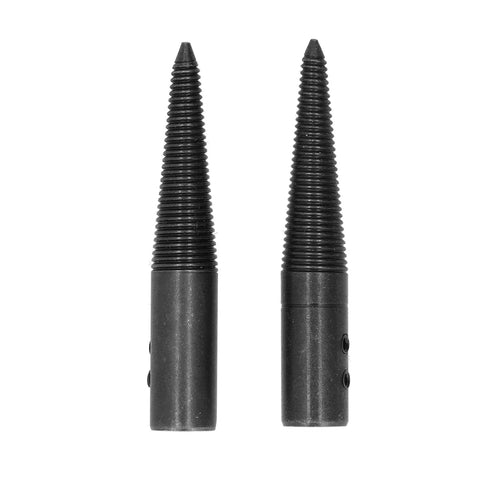 Top Notch Tapered Spindle Adapter Kit Holds Six Pieces For Bench Grinder And Buffer Polish Wheels Featuring Dual Thread Directions Plus Two Quick Grip Wrenches, showing two tapered spindle adapters, black steel, for grinding.