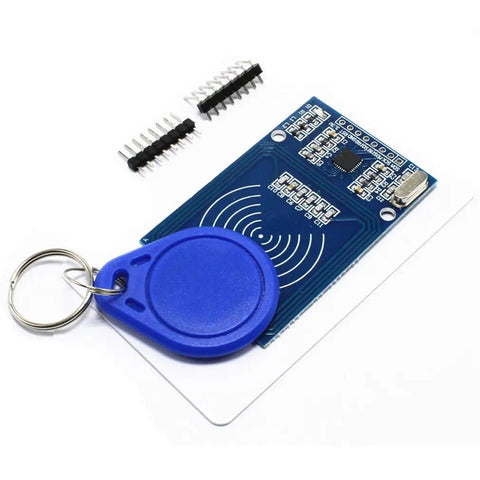 Mifare RC522 RFID Kit With Card Sensor Module Plus S50 Blank Cards And Key Ring For Arduino And Raspberry Pi Easy To Use Low Cost RFID Reader Bundle For Do It Yourself Projects, blue board, key ring, and connectors