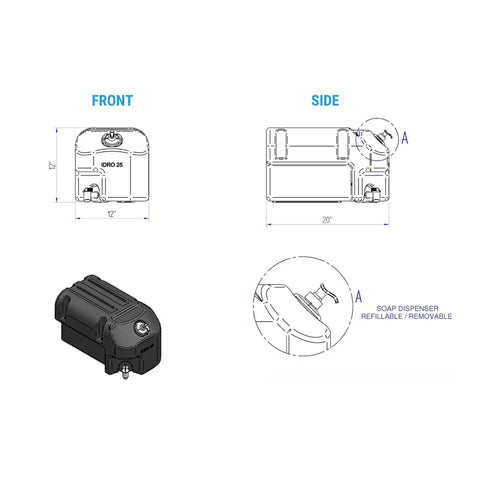 Road Ready Heavy Duty Portable Hand Washing Station Featuring A Roomy 6.6 Gallon Water Tank And No Fuss Soap Dispenser For Outdoor Job Sites And Weekend Hangouts dimensions showing front, side, and soap dispenser details.