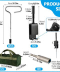 All In One Ice Anchor Tool Kit With Drill Adapter, stainless steel auger set, bag, spikes, and holder, diagram with sizes