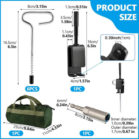 All In One Ice Anchor Tool Kit With Drill Adapter, stainless steel auger set, bag, spikes, and holder, diagram with sizes