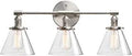 Three Light Wall Sconce In Antique Brass With Clear Glass Cone Shades Industrial Vanity Lighting For Bathroom And Living Room On Off Switch
