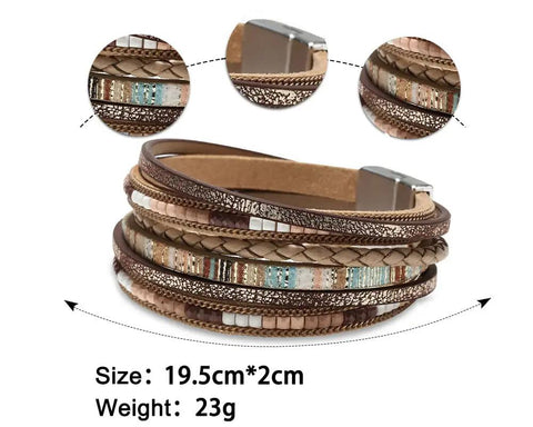 Totally Fire Leather Wrap Bracelet For Women Featuring Super Comfy Braided Leather Straps And Mixed Brown Beads With A Boho Western Layered Cuff Look That Gets Compliments Every Single Day, showing size and design details.
