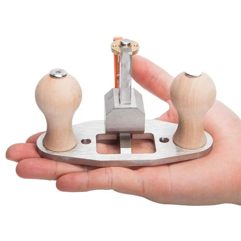 Router Plane Hand Tool With Depth Stop And Base Holes Pro Grade 8mm Blade in hand, showing ergonomic handle and metal base.