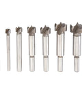 Heavy Duty Forstner Drill Bit Set With 3/8 Inch Round Shanks spanning 1/4 to 1 inch, showing seven sharp steel bits for woodworking.