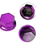 Purple 30 Piece Motorcycle Bolt Cap Covers Assortment Kit With Hex Head Dome Caps For Engine Frame And Fairing Protection Fits Kawasaki Honda Suzuki Dirt Bikes Chrome Plated Plastic Finish, close-up purple hex cap