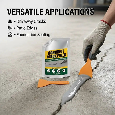 Heavy Duty Waterproof Concrete Crack Filler And Sealant For Driveways And Foundations No Sweat Weatherproof Patching Kit being applied to driveway cracks.