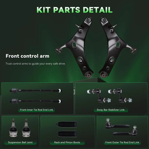 Bolt On Front End Suspension Kit For 2014 To 2018 Subaru Forester Includes 2 Front Lower Control Arms 2 Front Lower Ball Joints 2 Front Outer Tie Rod Ends 2 Front Inner Tie Rod Ends And 2 Sway Bar Links For A Smooth Confident Ride, front control arms and tie rod parts