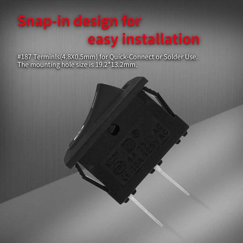 Mini 12V 20A SPST Rocker Switch for Automotive and DIY Projects, angled view, showing snap-in design and two pins, black nylon body