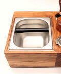 Espresso Tamping Station With Knock Box And Solid Wood Filter Holder Fits 58Mm Portafilters featuring stainless steel catch bin.