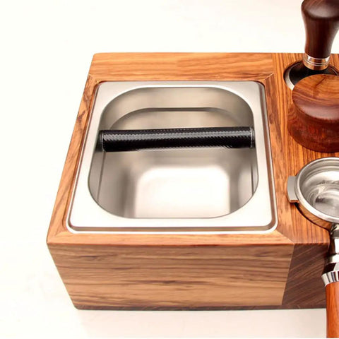 Espresso Tamping Station With Knock Box And Solid Wood Filter Holder Fits 58Mm Portafilters featuring stainless steel catch bin.