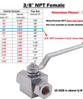 High Pressure Hydraulic Ball Valve 3/8 NPT Female Threaded Shut Off, 7250 PSI Rated, with size chart, long handle visible
