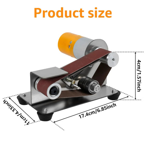 Badass Mini Belt Sander With Hella Precision 7 Adjustable Speeds And Reversible Motor displayed with product dimensions for compact DIY use.