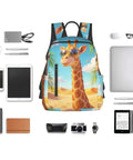Front view of Cool Giraffe Desert Print Sunglasses Dual-Shoulder Backpack, surrounded by tech gadgets and accessories.