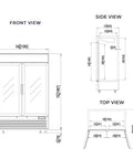 Front, side, and top view diagrams of Shop Grade 49 Cubic Foot Double Glass Door Commercial Merchandiser Freezer in Clean White.