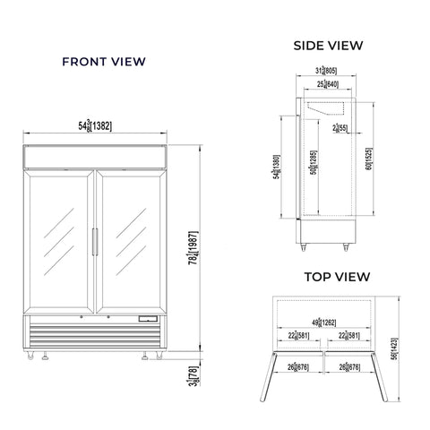 Front, side, and top view diagrams of Shop Grade 49 Cubic Foot Double Glass Door Commercial Merchandiser Freezer in Clean White.