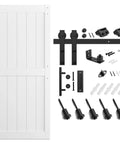 36 By 84 Inch White Sliding MDF Barn Door With Six Point Six Foot Black Sliding Door Hardware Kit And Handle Pre Drilled Ready To Assemble Waterproof PVC Coating shown with all installation components.