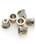 Six 8mm bass guitar string ferrules with knurled chrome finish, through-body rear-mount, set of 6